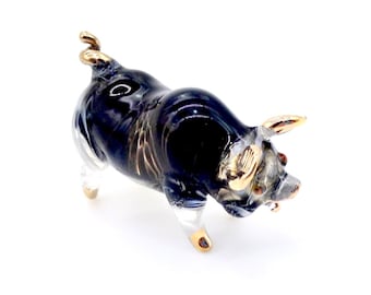 Hand Blown Glass Miniature Pig Pork Farm Animal Cute Black White Figurine Tiny Statue Decoration Collectible Small Craft Hand Painted Deco