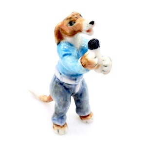 Miniature Ceramic Dog Animal Singer Musician Sing Cute Little Tiny Small Blue Brown Figurine Statue Decoration Hand Painted Collectible Deco image 1