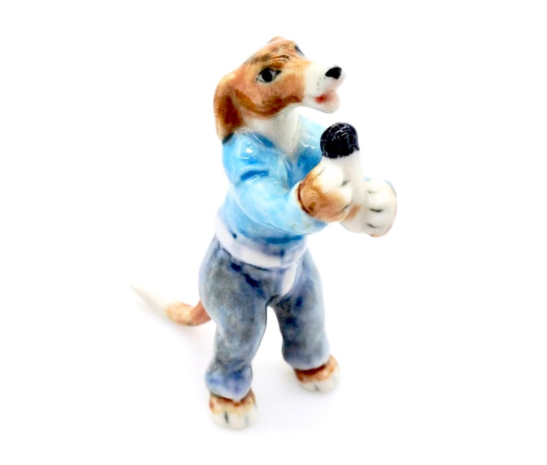 Miniature Ceramic Dog Animal Singer Musician Sing Cute Little Tiny Small Blue Brown Figurine Statue Decoration Hand Painted Collectible Deco image 1