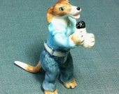 Miniature Ceramic Dog Animal Singer Musician Sing Cute Little Tiny Small Blue Brown Figurine Statue Decoration Hand Painted Collectible Deco