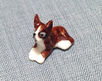 Miniature Ceramic Dog Brindle Boxer Sitting Animal Cute Little White Brown Figurine Tiny Statue Small Decoration Collectible Hand Painted