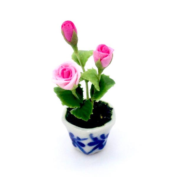 Miniature Dollhouse Artificial Flower Plant Pink Green Clay Polymer Fimo Garden Flowers Hand Made Supplies Tiny Ceramic Pot Decor Deco 1/12