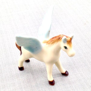 Miniature Ceramic Pegasus Horse Animal Cute Little Light Beige Blue Brown Figurine Tiny Statue Small Decoration Hand Painted Craft Figure