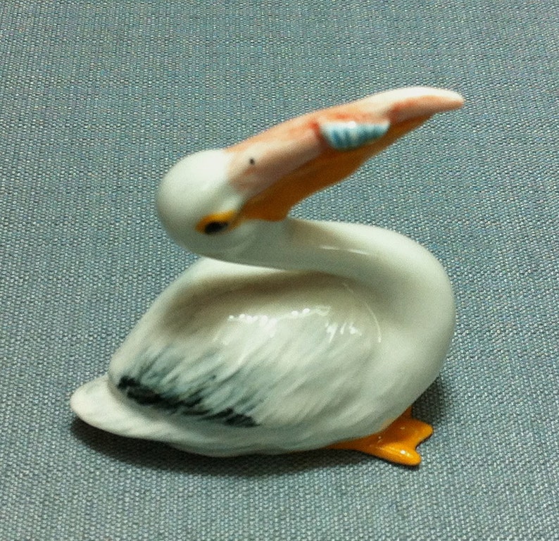 Miniature Ceramic Pelican Eating Fish Animal Cute Little Small Etsy