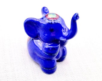 Miniature Ceramic Elephant Animal Sitting Cute Little Small Blue Figurine Statue Figure Decoration Hand Painted Craft Display Collectible