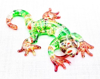 Hand Blown Glass Miniature Salamander Lizard Reptile Tiny Animal Cute Green Brown Figurine Statue Decoration Collectible Small Craft Painted