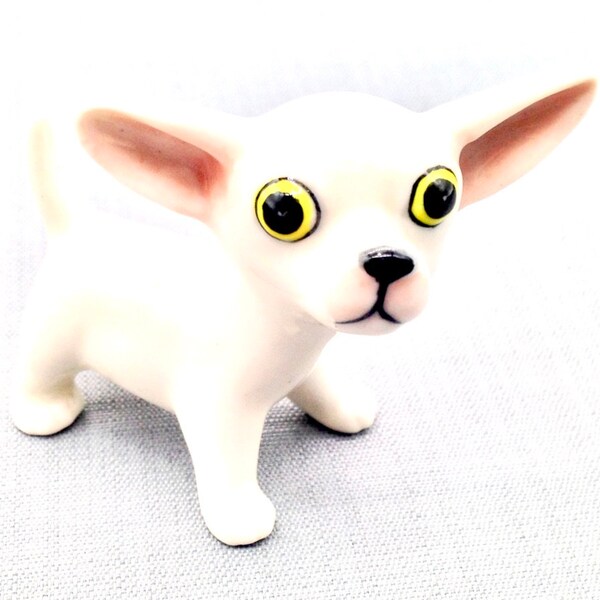 Miniature Ceramic Dog Chihuahua Standing Animal Pet Small Cute White Figurine Little Statue Tiny Decoration Hand Painted Collectible Figure