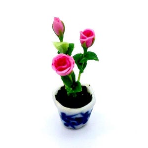 Miniature Dollhouse Artificial Flower Plant Pink Green Clay Polymer Fimo Garden Flowers Hand Made Supplies Tiny Ceramic Pot Decor Deco 1/12