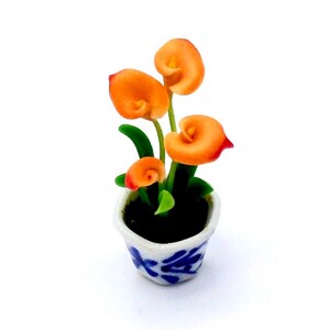 Artificial Flower Tiny Plant Calla Lily Orange Red Miniature Dollhouse Clay Polymer Fimo Garden Flowers Hand Made Supplies Ceramic Pot 1/12