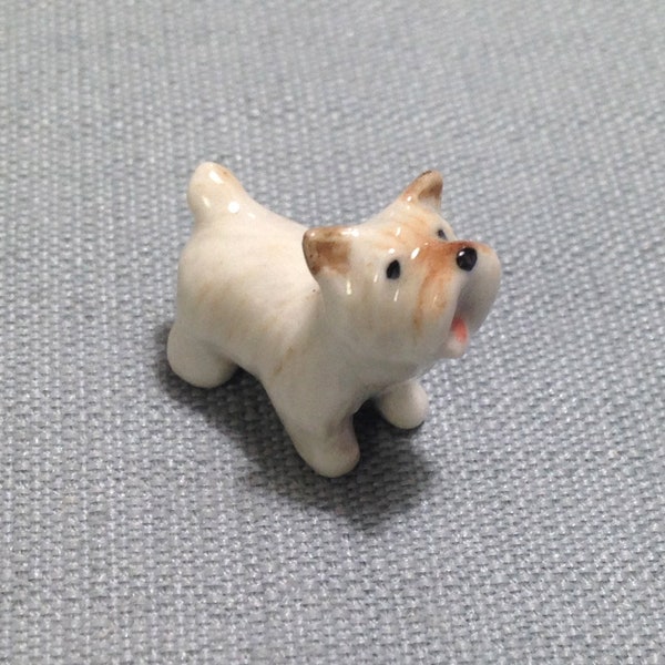 Miniature Ceramic Bichon Maltese Dog Puppy Animal Cute Little White Brown Figurine Tiny Statue Small Decoration Collectible Hand Painted