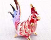 Hand Blown Glass Rooster Hen Chicken Miniature Animal Cute Red Green Blue Figurine Statue Decoration Collectible Small Craft Painted Bird