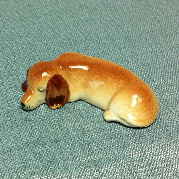 Miniature Ceramic Dog Dachshund Sleeping Animal Cute Little Brown Figurine Tiny Statue Small Decoration Collectible Hand Painted Figure Deco