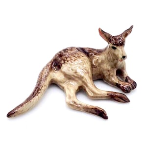 Miniature Ceramic Kangaroo Australia Laying Animal Little Brown Beige Figurine Small Statue Tiny Decoration Hand Painted Collectible Figure