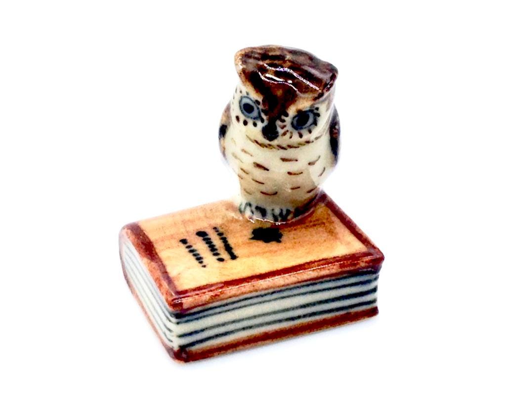 Miniature Ceramic Owl on Book Bird Animal Cute Little Brown White Figurine Small Statue Decoration H