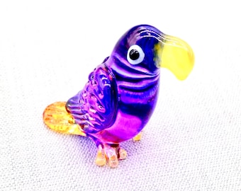 Hand Blown Glass Parrot Miniature Bird Animal Blue Purple Yellow Figurine Small Statue Tiny Decoration Collectible Craft Hand Painted Deco