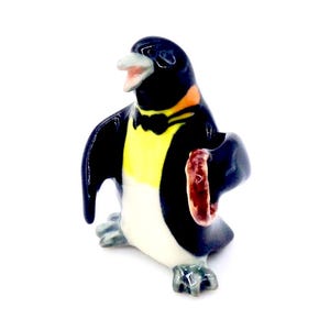 Miniature Ceramic Penguin Playing Music Tambourine Animal Cute Tiny White Black Figurine Statue Decoration Collectible Hand Painted Figure