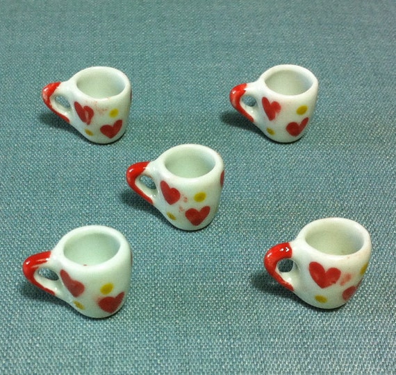 10 White Coffee Mugs Hand Painted Heart Dollhouse Miniatures Ceramic