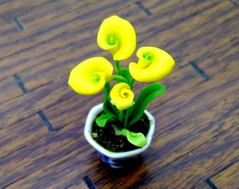 Artificial Flower Plant Calla Lily Yellow Miniature Dollhouse Clay Polymer Fimo Garden Flowers Hand Made Supplies Ceramic Pot Decor 1/12