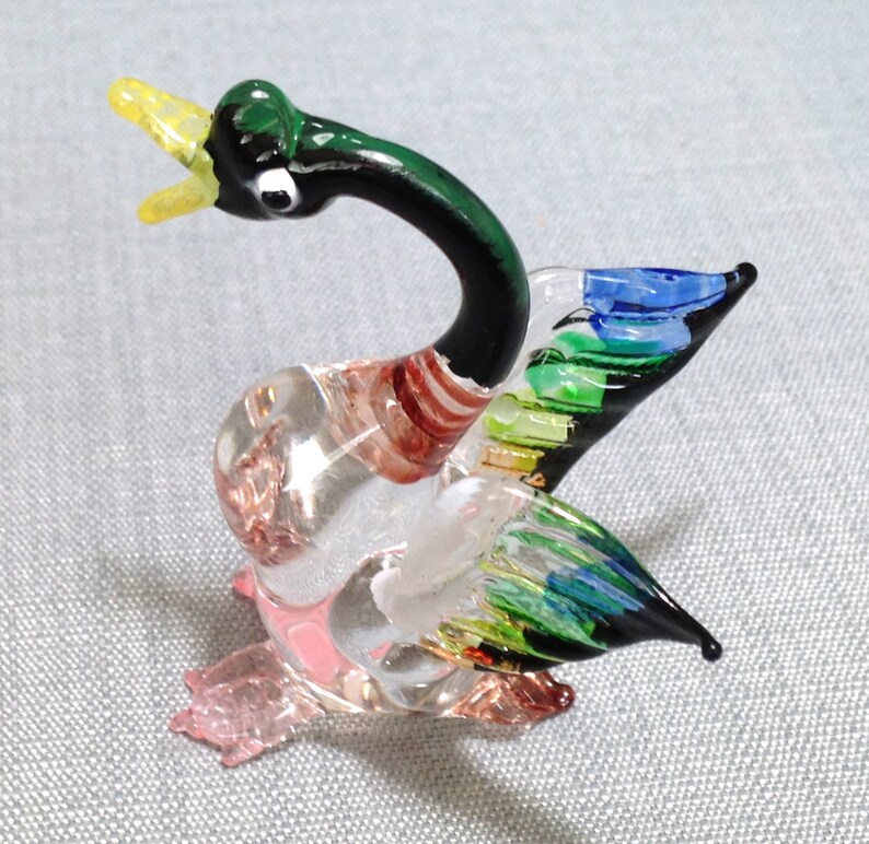 Hand Blown Glass Funny Duck Bird Animal Cute Black Green Blue Transparent Figurine Statue Decoration Collectible Small Craft Hand Painted