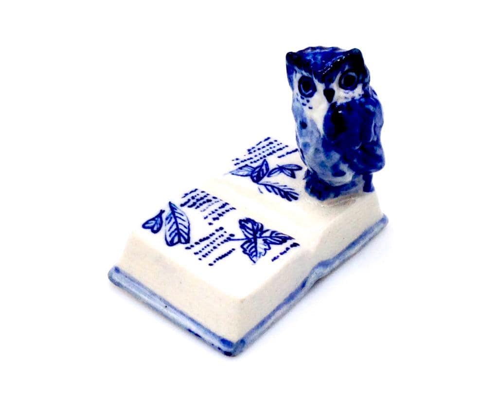 Miniature Ceramic Owl on Book Bird Animal Cute Little White Blue Figurine Small Statue Tiny Decorati