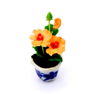 Miniature Artificial Flower Tiny Plant Hibiscus Orange Red Dollhouse Clay Polymer Garden Flowers Hand Made Supplies Mini Ceramic Pot 1/12