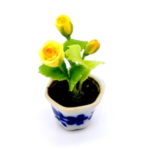 Miniature Dollhouse Artificial Flower Tiny Plant Rose Yellow Clay Polymer Fimo Garden Flowers Hand Made Supplies Ceramic Pot Diorama 1/12