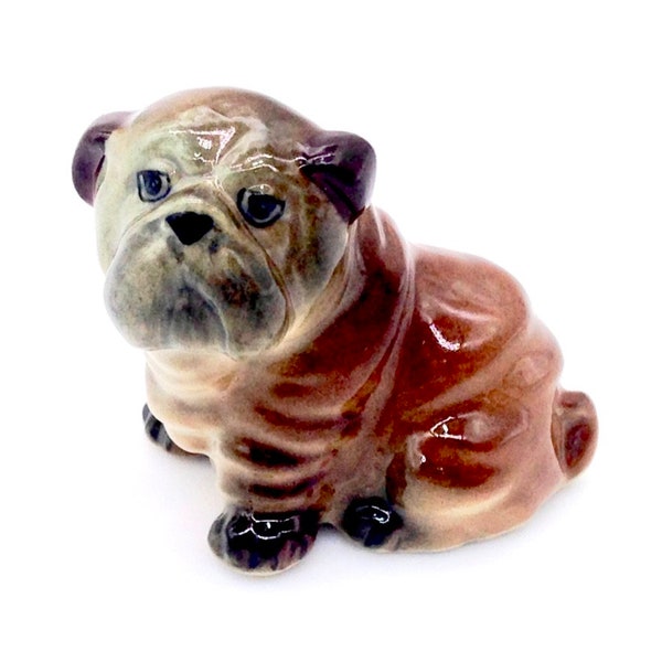 Miniature Ceramic Bulldog Sitting Animal Funny Little Brown Grey Figurine Small Statue Cute Decoration Collectible Hand Painted Figure Deco