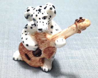 Miniature Ceramic Dalmatian Dog Playing Guitar Music Animal Cute Tiny White Black Figurine Statue Decoration Collectible Hand Painted Craft