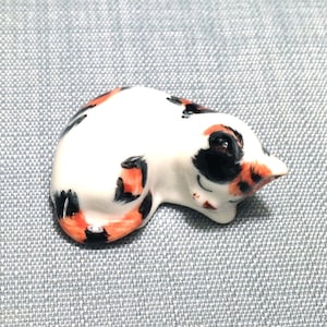 Miniature Ceramic Cat Kitty Sleeping Animal Cute Little Tiny Small White Orange Black Figurine Statue Decoration Hand Painted Collectible