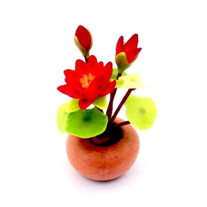 Artificial Miniature Dollhouse Flower Plant Water Lily Red Clay Polymer Fimo Garden Flowers Hand Made Supplies Tiny Ceramic Pot Display 1/12