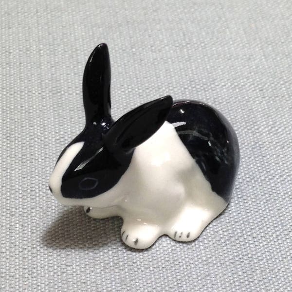 Miniature Ceramic Rabbit Bunny Animal Cute Little Black White Figurine Small Statue Funny Decoration Hand Painted Craft Collectible Deco