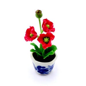 Miniature Dollhouse Artificial Flower Plant Poppy Red Green Clay Polymer Fimo Garden Tiny Flowers Hand Made Supplies Ceramic Pot Decor 1/12