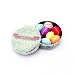 Könnte beinhalten: Eine runde Blechdose mit einem pastellfarbenen Blumenmuster und dem aufgedruckten Wort "Macarons". Die Dose ist geöffnet und mit bunten Macarons gefüllt.