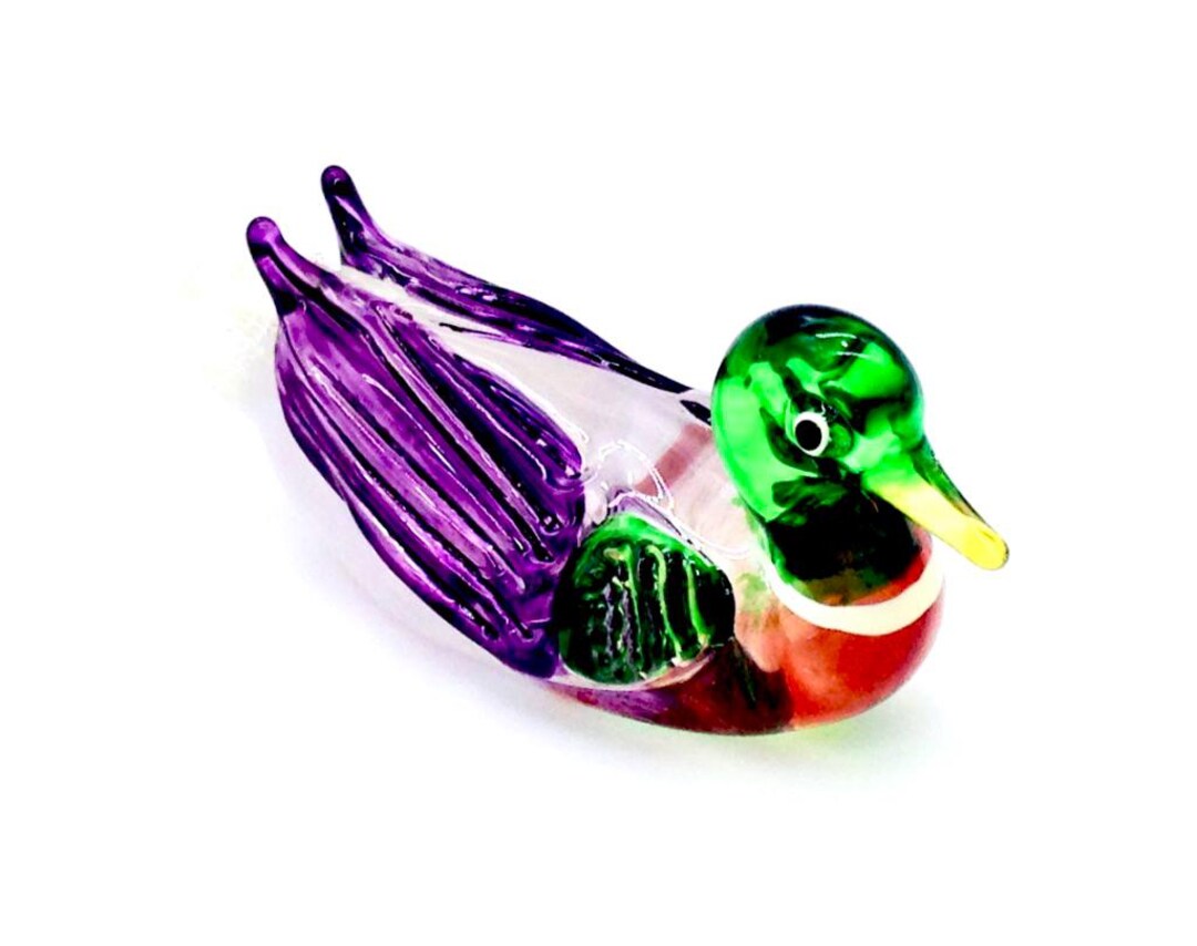 Hand Blown Miniature Glass Duck Bird Animal Purple Green Brown