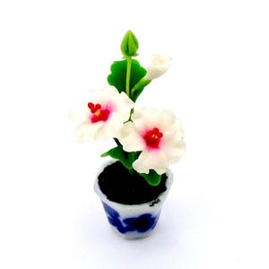 Artificial Flower Tiny Plant Hibiscus White Red Miniature Dollhouse Clay Polymer Fimo Garden Flowers Hand Made Supplies Ceramic Pot 1/12