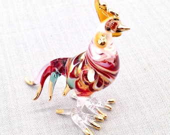 Miniature Glass Rooster Hen Chicken Animal Red Brown Blue Gold Figurine Statue Hand Blown Decoration Collectible Small Craft Painted Bird