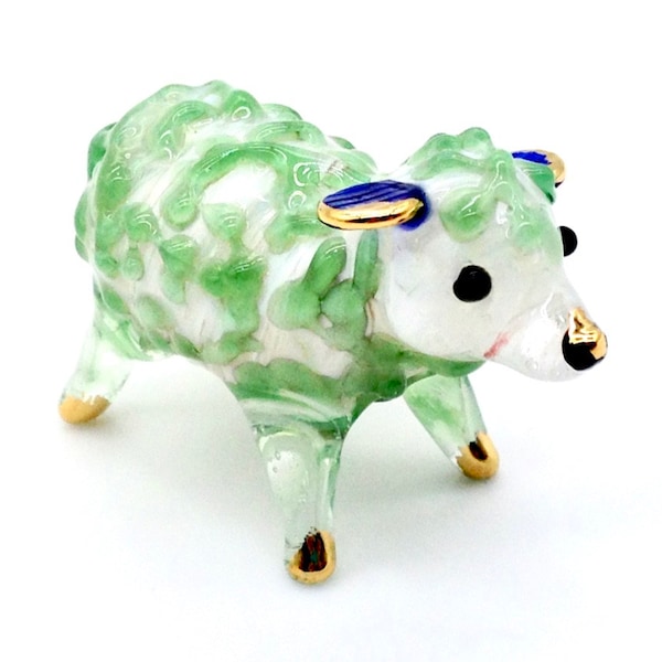 Miniature Hand Blown Glass Funny Ram Aries Sheep Animal Cute Green White Blue Figurine Statue Decoration Collectible Small Craft Painted