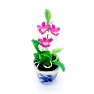 May include: A miniature potted orchid with white and magenta flowers. The ceramic pot is white with blue floral designs. The plant has green leaves and stems. The overall design is delicate and detailed.