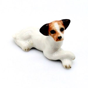 Miniature Ceramic Dog Laying Jack Russell Terrier Little Animal Brown White Figurine Tiny Statue Small Decoration Collectible Painted Figure