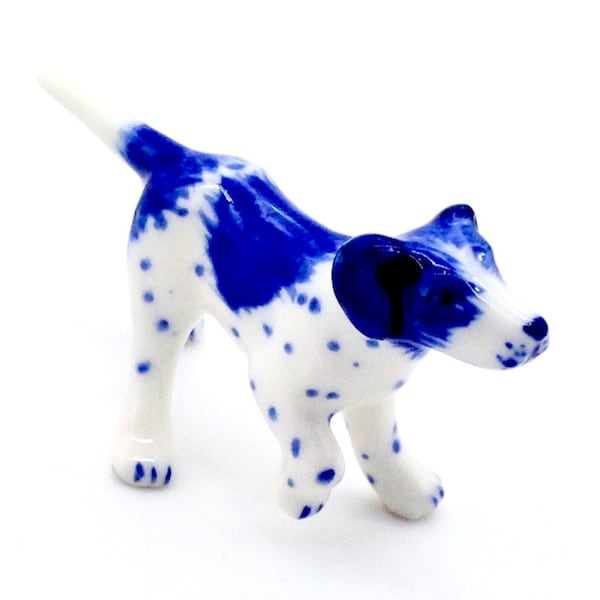 Miniature Ceramic English Pointer Dog Animal Funny Cute Little Tiny Small White Blue Figurine Statue Decoration Collectible Figure Craft