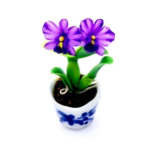 May include: A miniature potted plant with two vibrant purple flowers with yellow centers. The plant has green leaves and a green stem. The white ceramic pot is decorated with blue floral patterns.