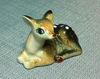 Miniature Ceramic Fawn Deer Sitting Animal Cute Little Brown White Figurine Small Statue Tiny Decoration Hand Painted Craft Collectible Deco