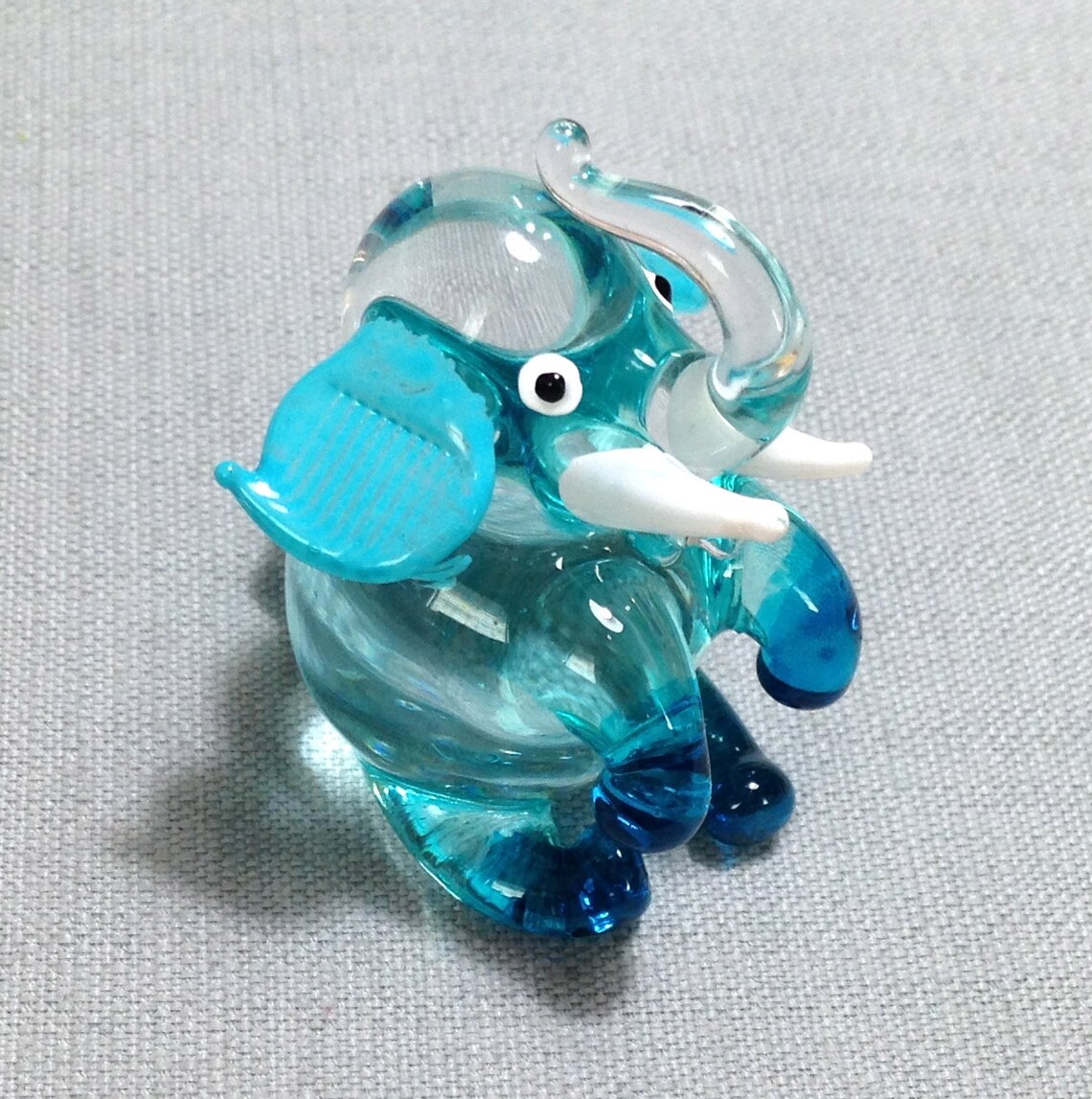 Hand Blown Glass Elephant Sitting Animal Cute Miniature Blue Etsy