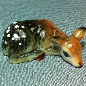 Miniature Ceramic Fawn Deer Sleeping Animal Cute Little Brown White Figurine Tiny Statue Small Decoration Hand Painted Craft Collectible