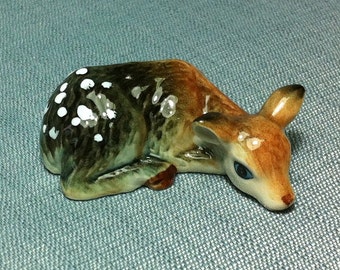 Miniature Ceramic Fawn Deer Sleeping Animal Cute Little Brown White Figurine Tiny Statue Small Decoration Hand Painted Craft Collectible