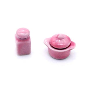 2 Töpfe und Geschirr, Miniatur-Puppenhaus-Set, handbemalt, rosa Keramik, kleine Küche, winziges Essen, Kochgeschirr, Ausstellungs- und Dekorationszubehör, Diorama 1/12