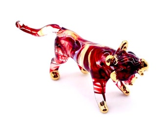 Hand Blown Glass Miniature Tiger Feline Animal Cute Red Yellow White Figurine Statue Decoration Collectible Small Craft Hand Painted Deco