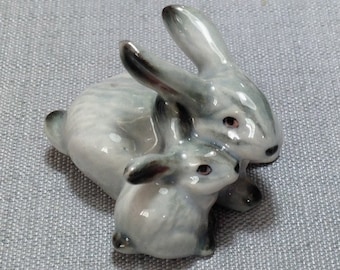 Miniature Ceramic Rabbit Family Bunny Animal Cute Little Grey Figurine Small Statue Funny Decoration Hand Painted Craft Collectible Deco