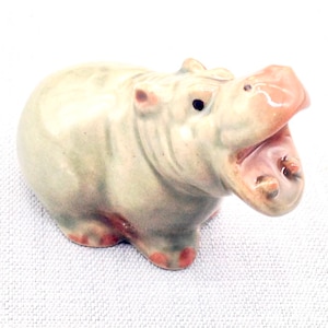 Miniature Ceramic Hippo Hippopotamus Animal Cute Little Grey Brown Figurine Small Statue Tiny Decoration Hand Painted Collectible Figure