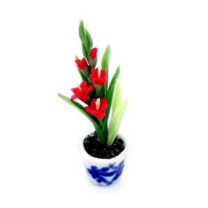 May include: A miniature potted plant with red flowers and green leaves in a blue and white ceramic pot.